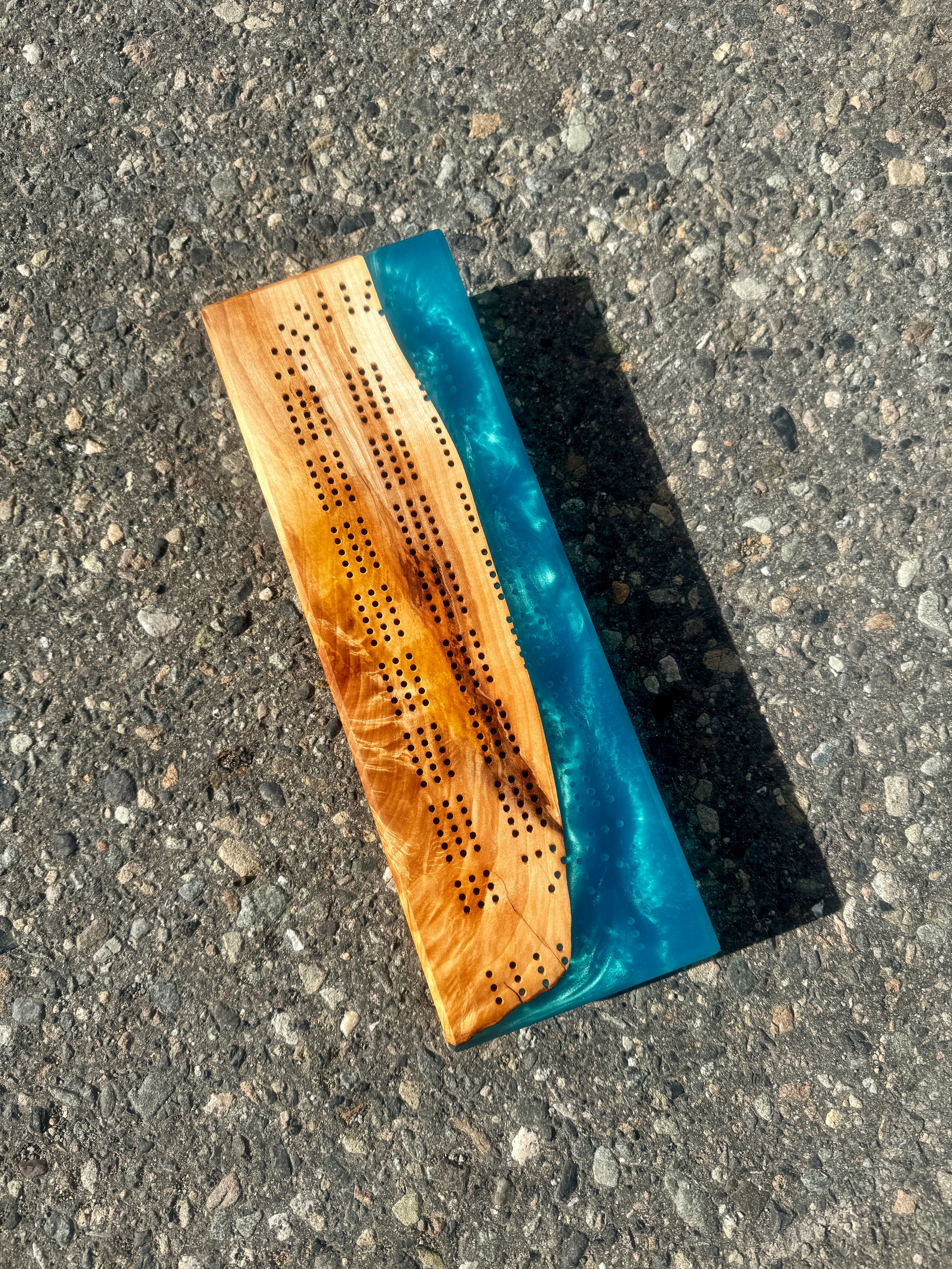 Figured Maple & Caribbean Blue Cribbage Board